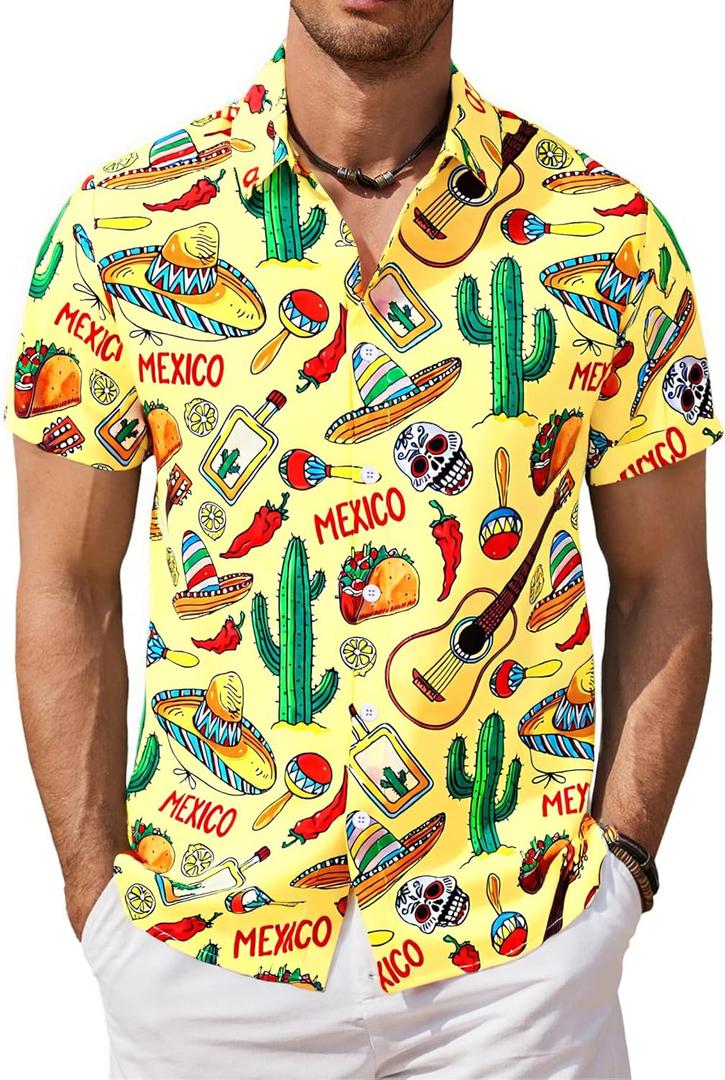 Cinco De Mayo Shirts for Men Mexico Button Down Shirt Hawaiian Tropical Tees Summer Short Sleeve Outfit (Black, S)