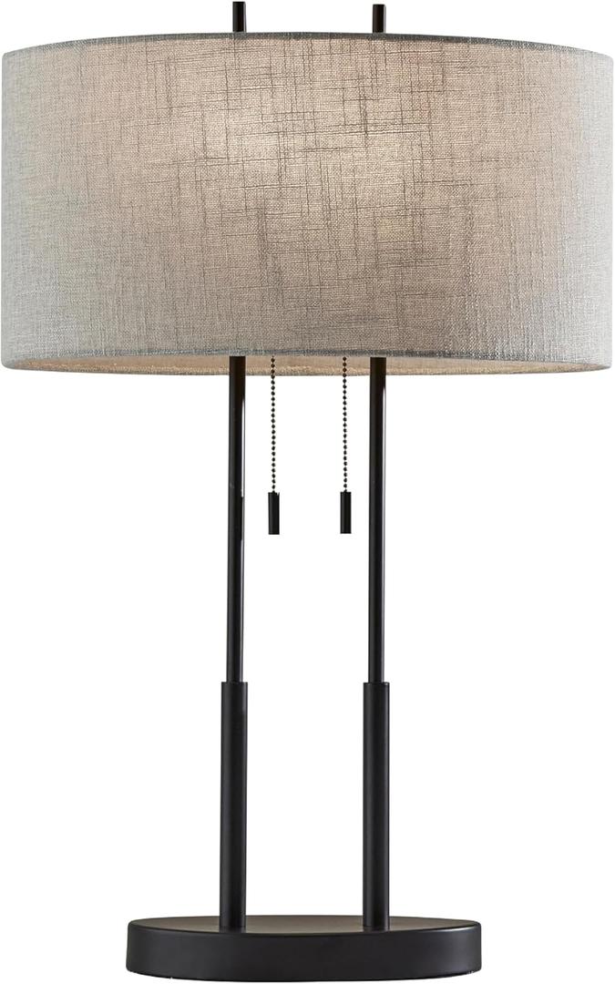 Adesso Duet Table Lamp with Dual Pull Chains, Antique Bronze Finish, Taupe Fabric Shade 27 Tall, Versatile Bedside Table or Desk Lamp