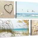 Coastal Wall Art Seascape Artwork: Sea Grass and Starfish on Beach Canvas Painting for Living Room (12 x 12'' x 2 Panels + 24 x 12 x 2 Panels)