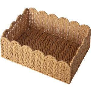 Scalloped Basket, Wicker Storage Baskets, Hand Woven Baskets for Shelves,Natural Baskets for Organizing (M-14" L x 10.5" W x 6" H)