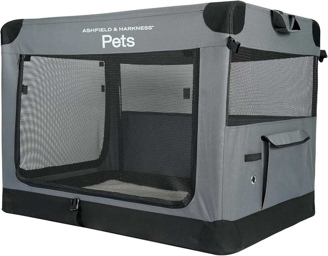 Ashfield & Harkness: Collapsible Soft Dog Crate - 42" - Gray, Sherpa Lined Mat, Durable Mesh Windows, Portable Foldable Pet Kennel, Indoor & Outdoor