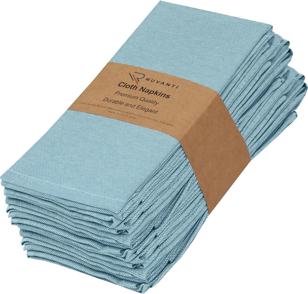 Ruvanti Cloth Napkins Set of 12, 18x18 Inch Napkin Cloth Washable, Soft & Durable, Poly Cotton Dinner Napkins for Parties, Thanksgiving & Weddings - Baby Blue