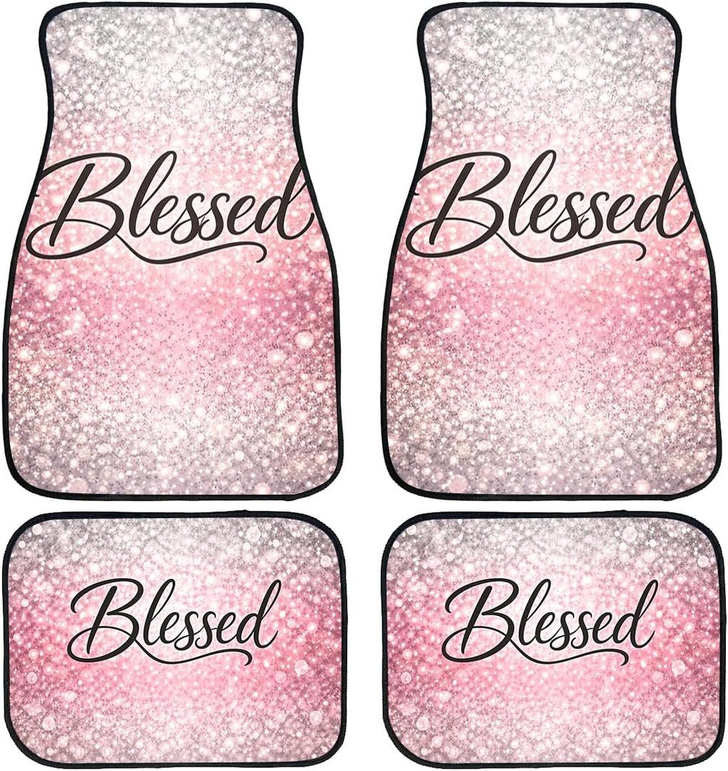 4 Piece Christian Blessed Car Floor Mats Pink Glitter Bling Blessed Decorative Car Floor Carpets Front Rear Carpets Mat Non-Slip Auto Car Accessories Universal Fit Car Accessories for Truck