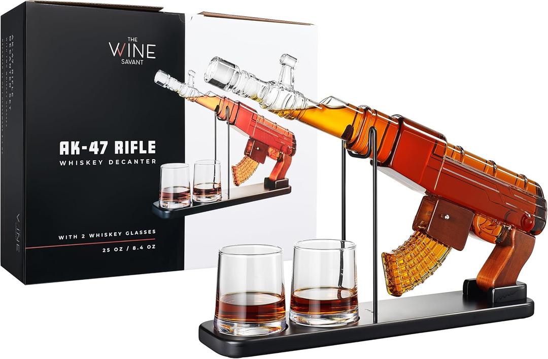 Gifts for Men Dad, Guns Whiskey Decanter Set for Men - Gun Decanter, Detachable Magazine & 2 Full Size Whiskey Glasses, Liquor Dispenser for Bar, Cool Anniversary Birthday Military Present Ideas Gift