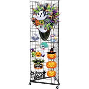Triangular Gridwall Panel Display Stand, 3-Sided Grid Tower with Base and Casters, 2'x5.5' Floorstanding Wire Grid Rack, Black
