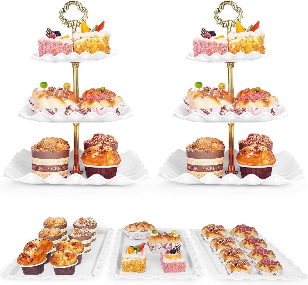 5 Pcs Dessert Table Display Set - 2 Pcs 3-Tier Dessert Display Stands & 3 Pcs Serving Tray - Dessert Trays Dessert Stands Treat Table Displays Set for Tea Parties,Birthdays & Baby Showers (White)