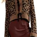 Ythomm Women Leopard Print Bow Tie Cardigan Sweaters Long Sleeve Crewneck Open Front Knit Cardigan Coats Casual Loose Outwear Brown (Brown, L)