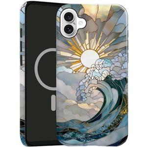 TnXee Case Compatible with iPhone 16 Plus,Compatible with MagSafe,Glossy Fall Prevention Hybrid 2Layer Hard Shell Cases for Girls Boys,Ocean Waves Sunrise