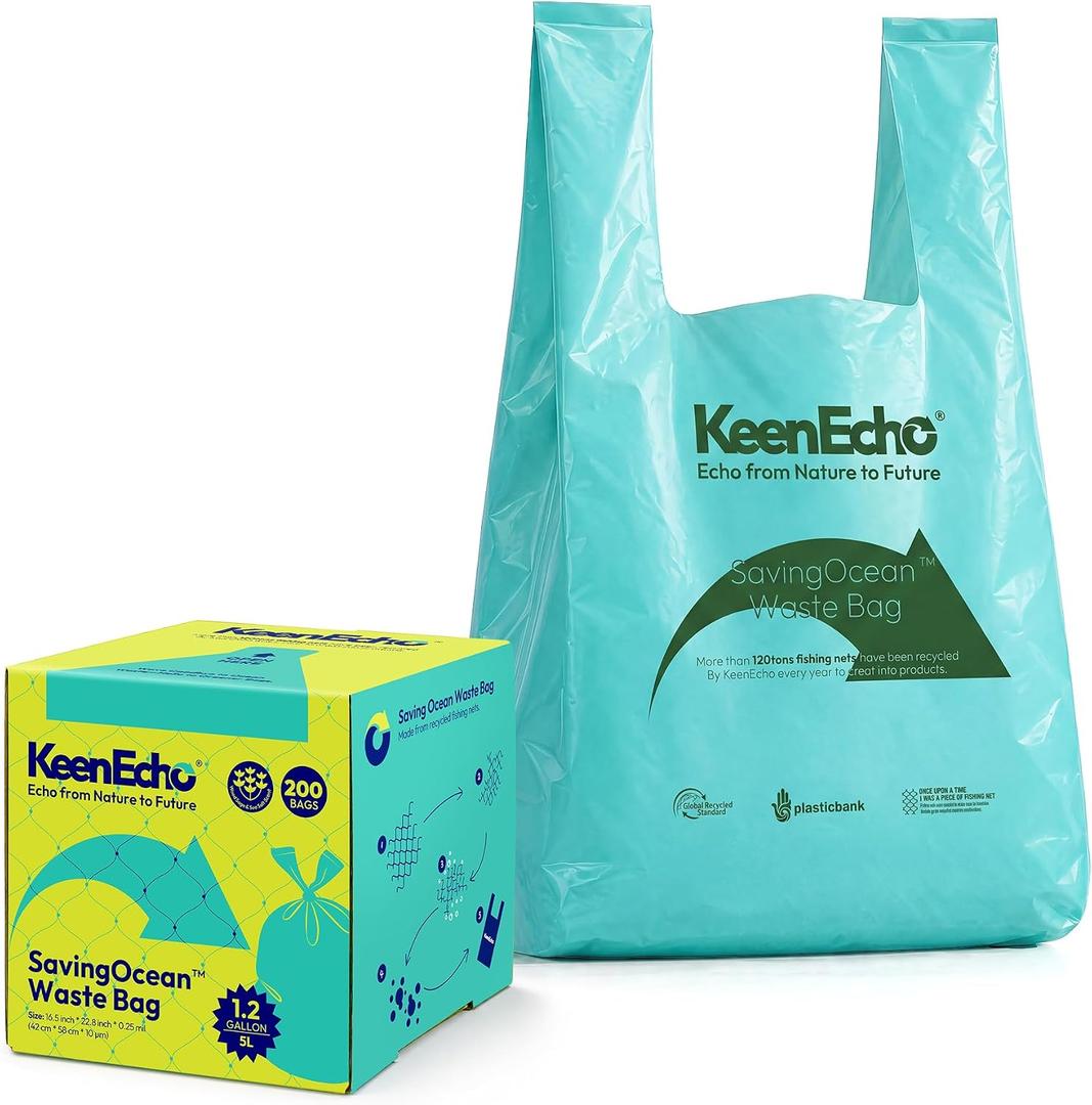1.2 Gallon 200 Counts Small Green Trash Bags with Handle, Ocean Fishing Nets Upcycling, Sage & Sea Salt Scented, Plastic Garbage Bags, Waste Bag for Kitchen, Bathroom, Office and Pets