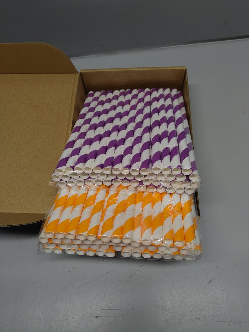 Reallnaive 100 Pcs Jumbo Smoothie Straws Bulk 7.75 x 0.4'' Orange and Purple Large Paper Striped Straws Wide Disposable for Milkshakes Smoothies Bubble Tea DIY Christmas Party Drinking Favors