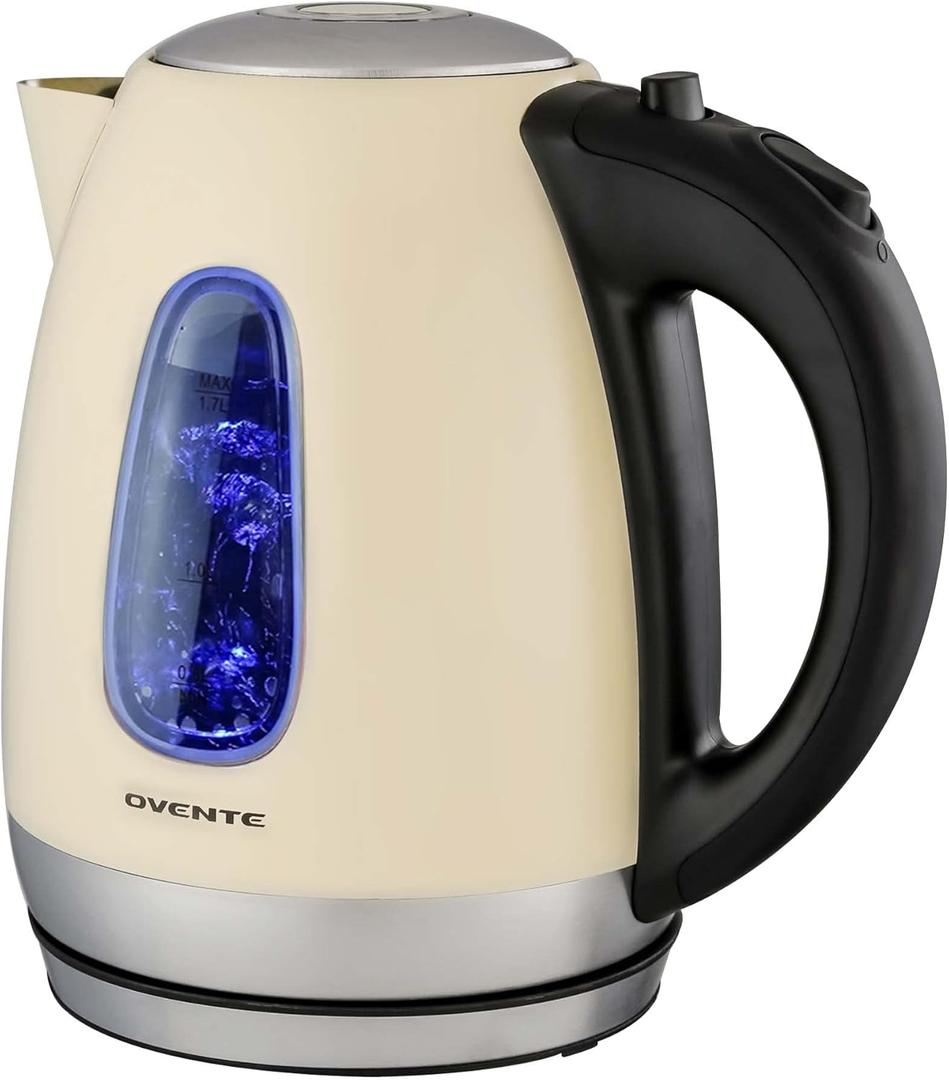 OVENTE Electric Kettle, 1.7L Stainless Steel Water Heater and Boiler for Coffee or Tea with BPA Free & Cordless Body, Auto Shut-Off, Boil-Dry Protection, LED Light and Removable Filter, Beige KS96BG