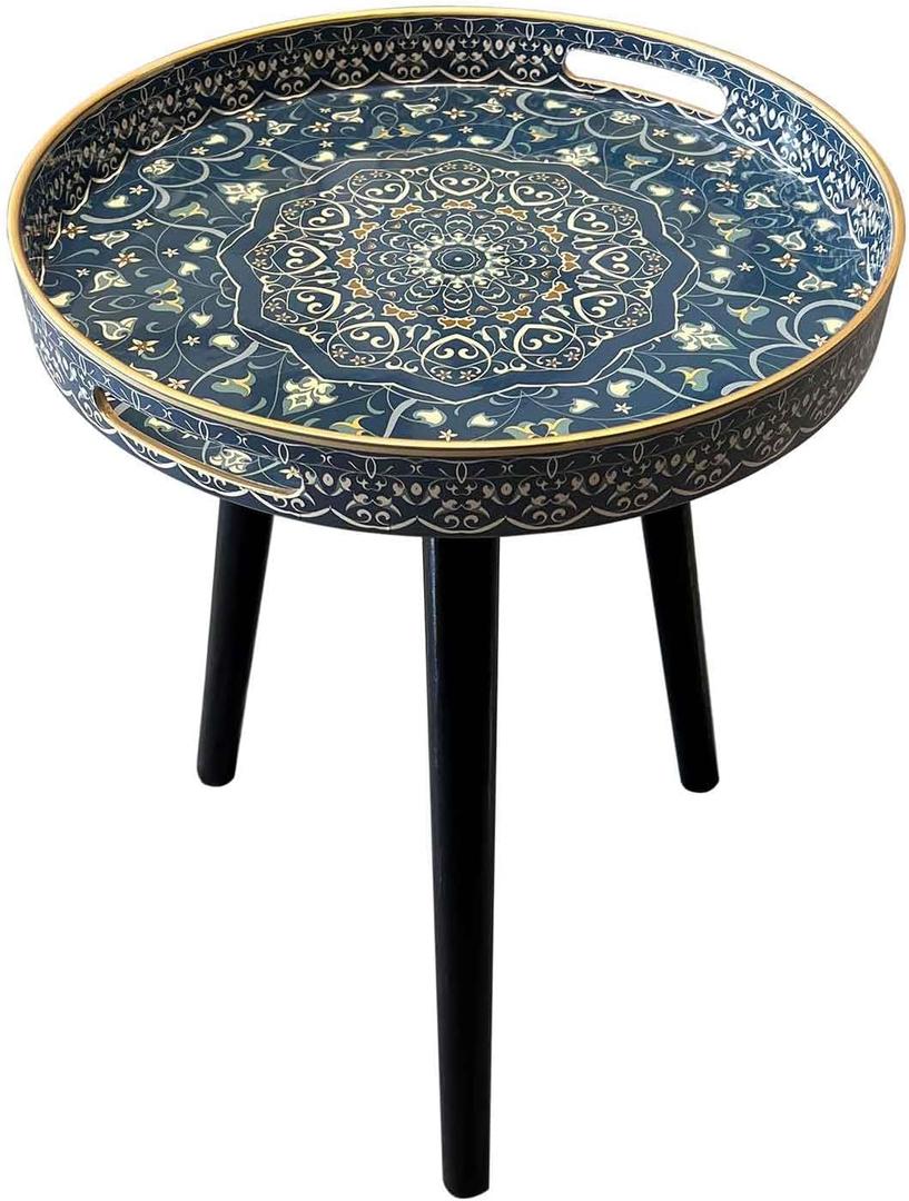 lastics Tray with Detachable Three Wooden 17.7 Inch Legs, Versatile Side Table with Tray Design, Perfect for Coffee, Tea, and Relaxation Time (Blue Maze)