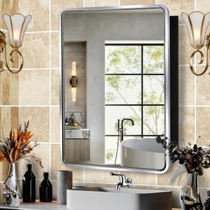 Movo Medicine Cabinet with Mirror, 20x28 Inch Farmhouse Metal Framed Rectangle Bathroom Mirror Cabinet, Recess or Surface Mount Installation Chrome