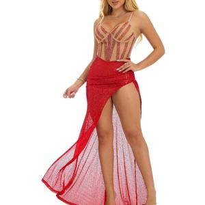 Women's Sparkly Sequin Prom Dresses Long Mermaid Evening Gown Red Spaghetti Straps Glitter Formal Ball Gown with Slit (M, 789)