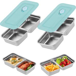 2 Pack Stainless Steel Snack Containers, Reusable Grab and Go Snack Containers with Leakproof Lids, 2 Compartment Food Lunch Meal Container Prep for Travel, Outdoor Camping(Dishwasher Safe)