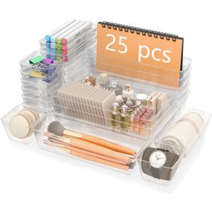 Yanosaku 25 PCS Clear Plastic Drawer Organizer Set, 4 Sizes Vanity Organizers, Desk Drawer Divider Organizers and Storage Bins for Makeup, Jewelry, Gadgets for Kitchen, Bathroom, Office
