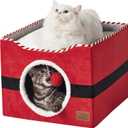 Bedsure Cat Beds for Indoor Cats - Large Cat Cave for Pet Cat House with Fluffy Ball Hanging and Scratch Pad, Foldable Cat Hideaway, 16.5x16.5x13 inches, Red (Single)