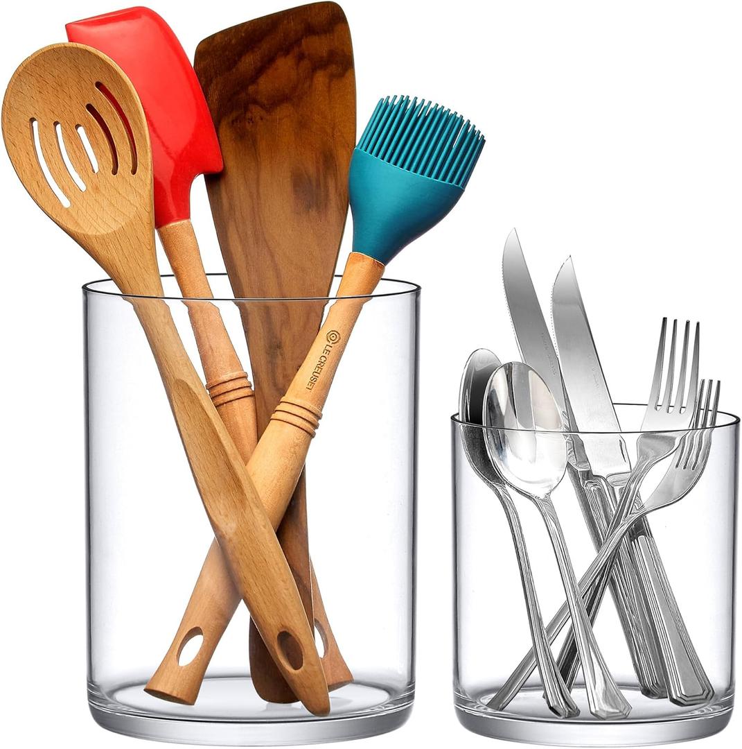 Amazing Abby - uPod - Plastic Utensil Holder (2-Piece Set), 7.5"+5.5" (H), Clear Utensil Crock and Flatware Caddy, Cooking Utensil Organizer for Kitchen Countertop, BPA-Free, Shatter-Proof (Not Glass)