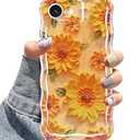 Jusy Compatible with iPhone 16e, Colorful Retro Oil Painting Printed Flower Laser Glossy Pattern Cute Curly Wave Phone Case Soft TPU Cover for Girly Women - Sunflower