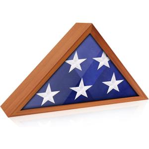 Flag Display Case for 3' x 5' Flag, American Flag Shadow Box with HD Tempered Glass and Wall Mount, Folded Triangle Flag Holder Frame for Small Flag (Not for Burial Flag) - Brown