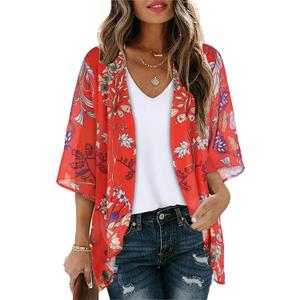 Women's Floral Print Puff Sleeve Kimono Cardigan Loose Cover Up Casual Blouse Tops (Large, Aa Boho Red) Women's Floral Print Puff Sleeve Kimono Cardigan Loose Cover Up Casual Blouse Tops (Large, Aa Boho Red)