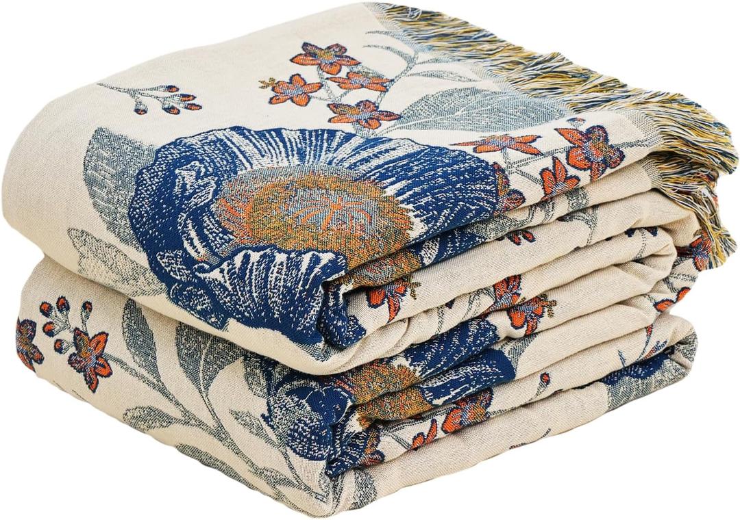 Boho Throw Blanket, 100% Organic Cotton Breathable Ultra Soft Bed Quilt Throw - All Season Floral Bird Butterfly Farmhouse Decor Blanket for Sofa Couch Chair and Gift. 80" x 90"