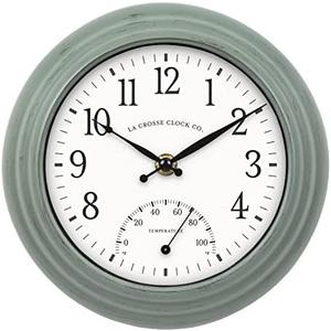 La Crosse Clock 433-3020 8-inch Indoor/Outdoor Sage Green Quartz Wall Clock with Temperature