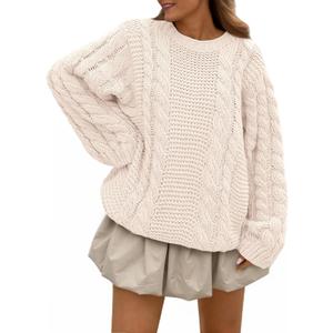 Trendy Queen Cable Knit Oversized Sweaters Womens Cozy Pullover Sweater Fall Winter Clothes (Large, Cream)
