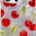 Cherry Heart Print Glitter Silver Phone Case for iPhone 16 6.1",Trendy Cute Coquette Fruit Aeshteitc Kawaii Protective Girly Pretty Bling Cover for iPhone 16 6.1in