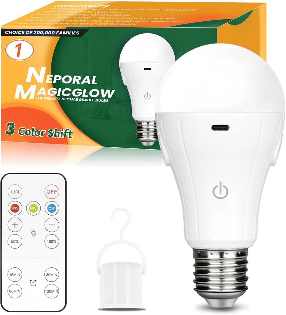 Neporal MagicGlow Rechargeable Light Bulbs with Remote, 3 Colors Shift + Stepless Dimmable Battery Light Bulbs, USB Rechargeable, A19, Up to 24 Hours (3000-6000K, 1, Count)