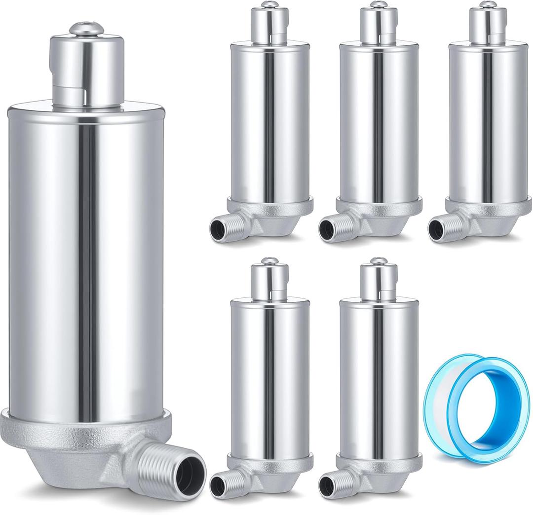 Gisafai 6 Pcs Steam Radiator Air Vent 1/8 in Mip Adjustable Angle Mount Vent Valve Ptfe Industrial Sealant Tape for Furnace Steam Heat Regulator Valve Radiator Heating System Chrome Plated Steel