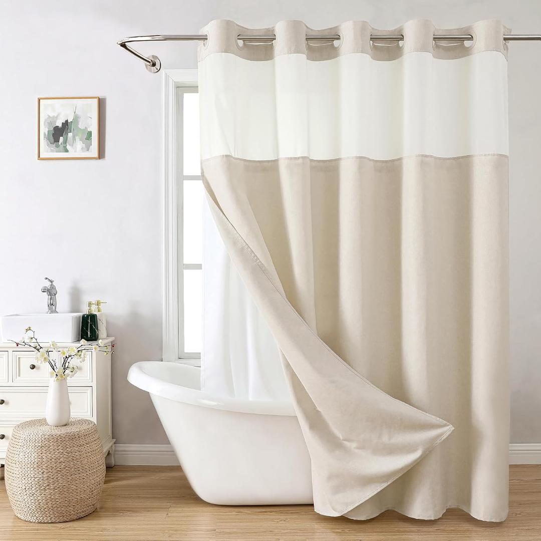 Long No Hooks Needed Linen Textured Shower Curtain with Snap-in Fabric Liner Set, Cream Hotel Luxury Decor Shower Curtains for Bathroom, Waterproof & Washable,71Wx80H