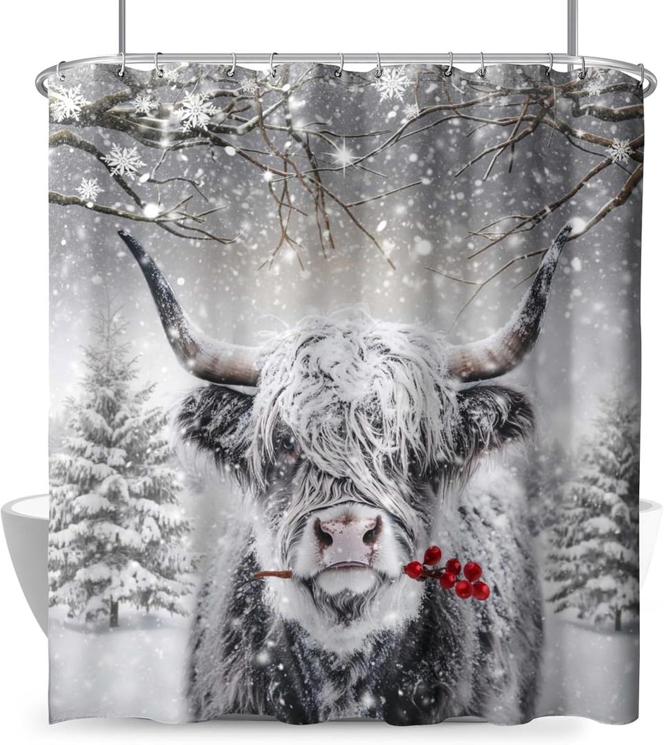 Highland Cow Shower Curtain Winter Rustic Bull Portrait Snowflake Christmas Trees Gray Shower Curtains for Bathroom 72 x72 Inch Xmas Berry Western Country Cattle Restroom Set with 12 Hooks