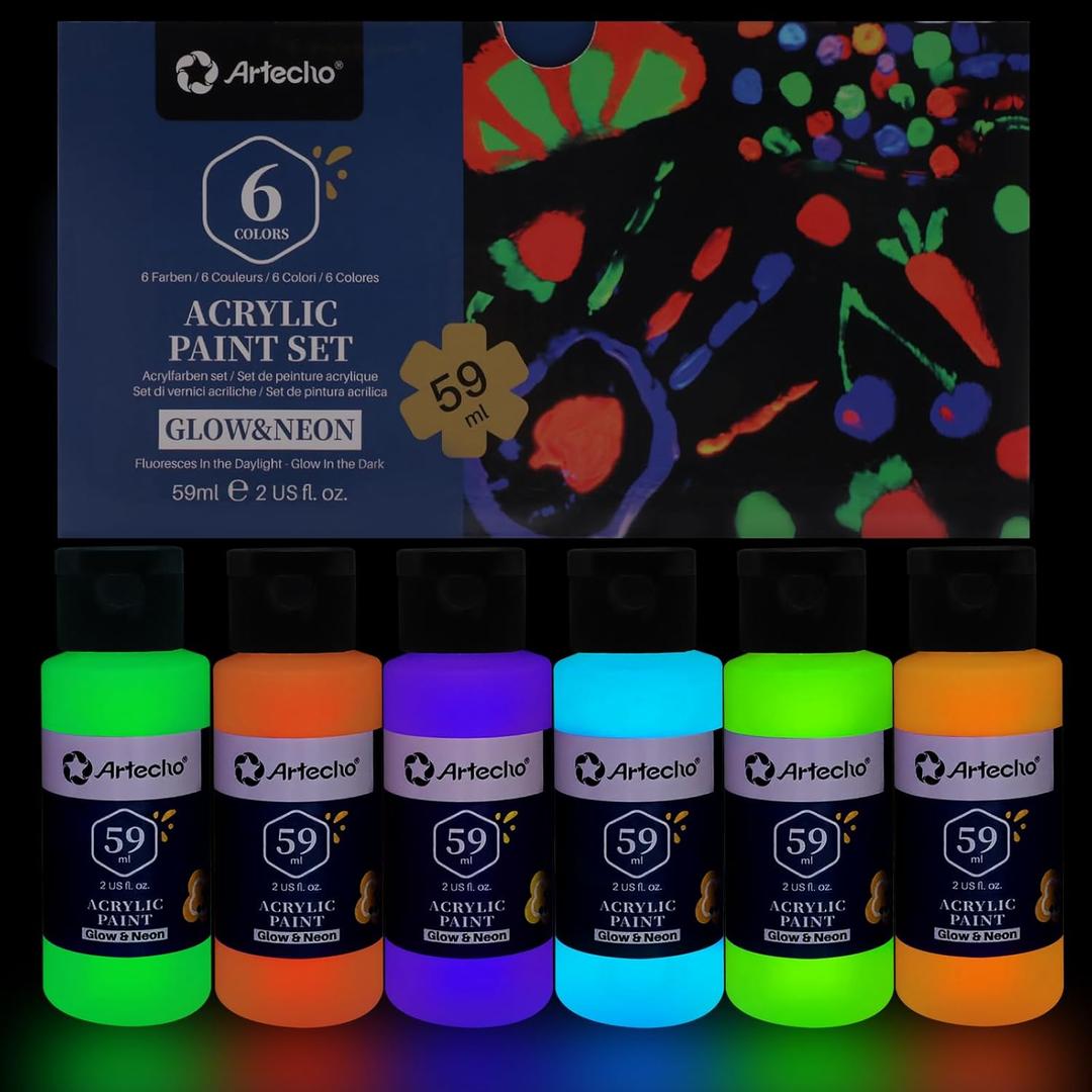 Artecho Glow in the Dark Paint 6 Colors, 60 ml / 2 oz Acrylic Paint for Decoration, Art Painting, Outdoor and Indoor Art Craft, Supplies for Canvas, Rock, Wood, Waterproof Rich Pigments