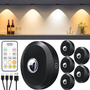 WILLED Puck Lights with Remote Control, Rechargeable Under Cabinet Lights, 1200mAh Battery Operated Tap Lights, Dimmable Push Lighting, Wireless Closet Light, LED USB Stick On Light (6 Pack) (Warm White - Cool White, Black)