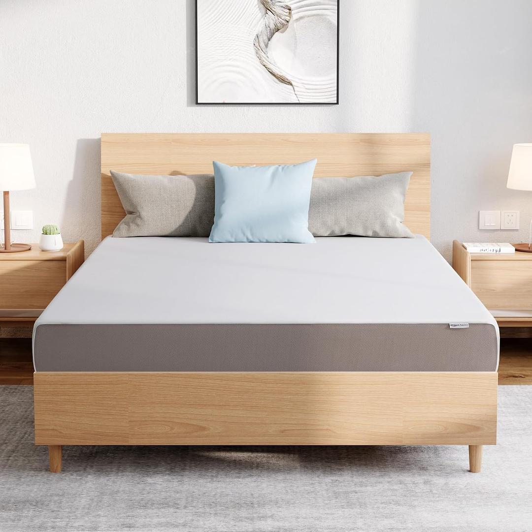 Amazon Basics Breathable Memory Foam Plush Mattress, Queen, White/Grey, 80 x 60 x 8 inches
