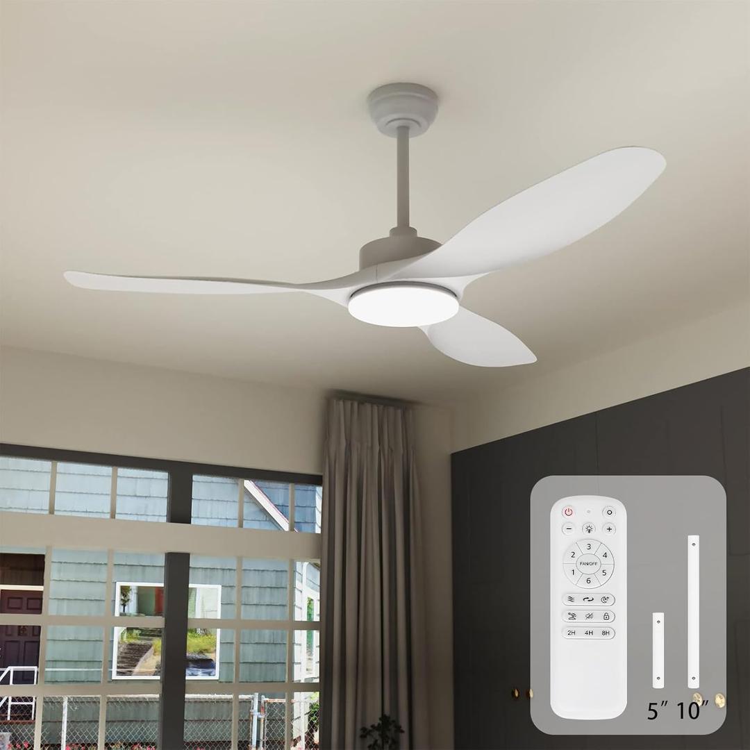 52 Inch Ceiling Fans with Lights Remote Control,White Sloped Mount Ceiling Fan 22W Dimmable LED Light,3 Reversible Blades,DC Motor 6 Speed Ceiling Fan for Bedroom Living Room Home Office