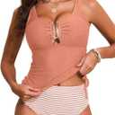 Aleumdr Women's Textured Tankini Swimsuits Tummy Control Two Piece Bathing Suits U-Wire Cutout Tank Tops with High Waisted Bottoms Swimwear Pink Medium