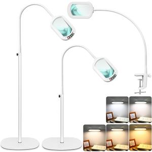 Drdefi 10X Rectangular Magnifying Glass with Light and Stand, 24" Flexible Gooseneck Floor Lamp, 5 Color Modes Stepless Dimmable, 3-in-1 LED Lighted Magnifier Light Hands Free for Reading Craft-White