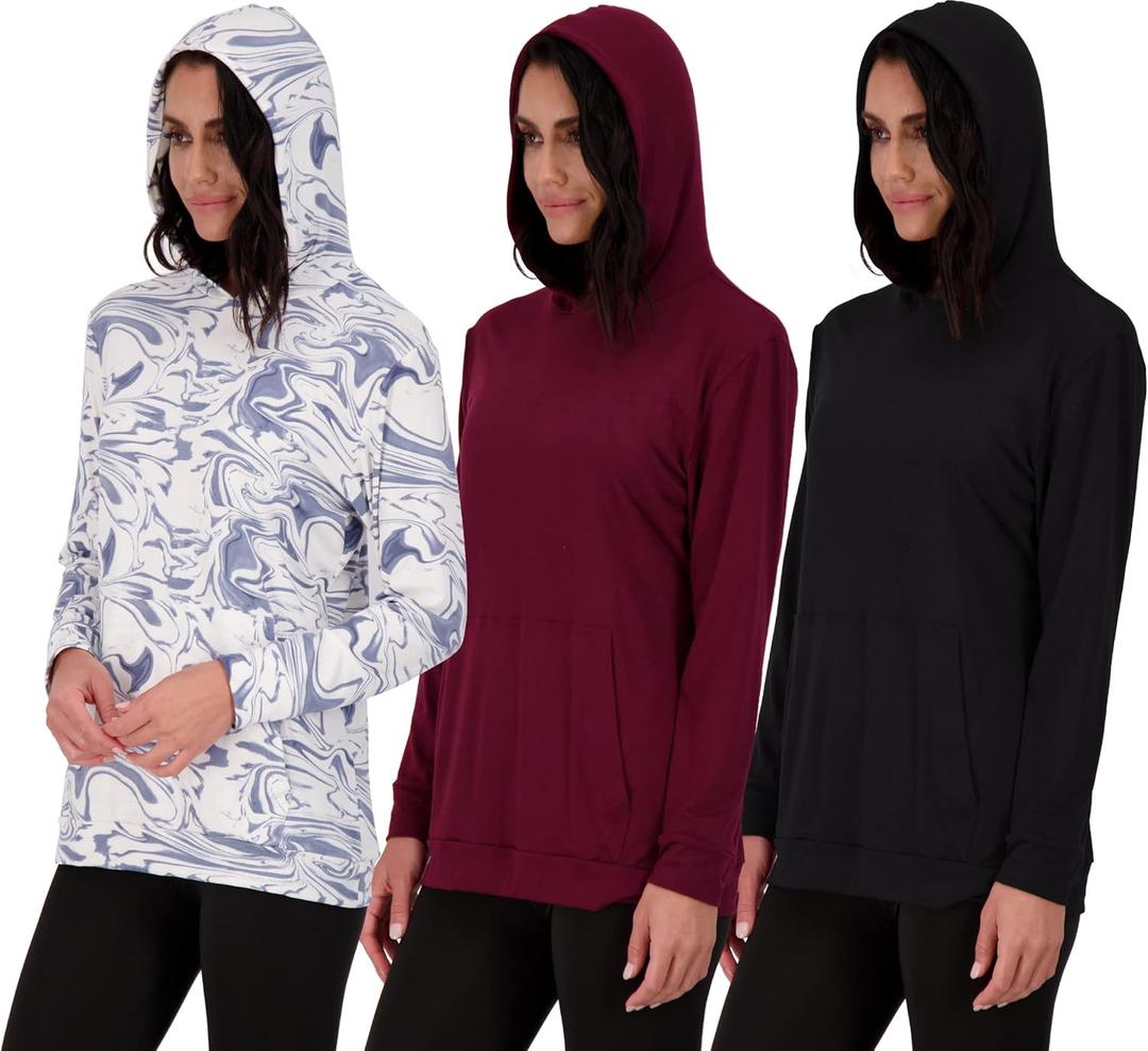 Real Essentials 3 Pack: Women's Dry Fit Long-Sleeve Hoodie Pullover Sweatshirt Pocket - Active Lounge
