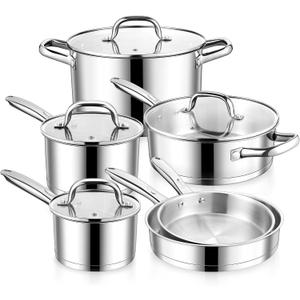 E-far 10-Piece Stainless Steel Cookware Set, Induction Pots and Pans Set with Tri-Ply Base, Non-toxic Kitchen Cooking Set w/Frying Pan, Saucepan, Saute Pan, Stockpot with Lids, Oven & Dishwasher Safe, 6 Sizes