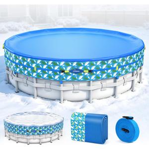 UIRWAY 24 ft Round Winter Pool Cover Heavy Duty PE - 24 Foot Round Above Ground Winter Pool Cover with Reinforced Seams, Blue Printed Design, Reflective Strips & Dual Secure Straps for Cold Protection