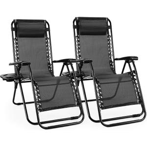 Sweetcrispy Zero Gravity Chairs, Set of 2 Portable Recliner Beach Camping Patio Outdoor Folding Lounge Chair with Cup Holder Trays and Adjustable Pillow for Poolside, Garden, Backyard, Lawn (Black), 2pcs