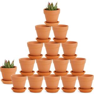 Juvale Mini Terracotta Pots with Saucers - 2.2 x 2.2 x 1.9 in, Brown, 16-Pack, Rustic - Succulent & Cactus Pots with Drainage Hole & Plant Saucer for Garden Decor