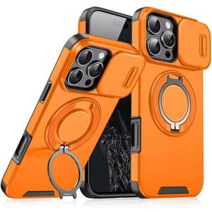 Heavy Duty Series Designed for iPhone 14 Pro Max Case,Rugged 360 Rotatable Ring with Invisible Holder Stand,Slide Camera Cover & Military Grade Drop Protection Shockproof,Orange