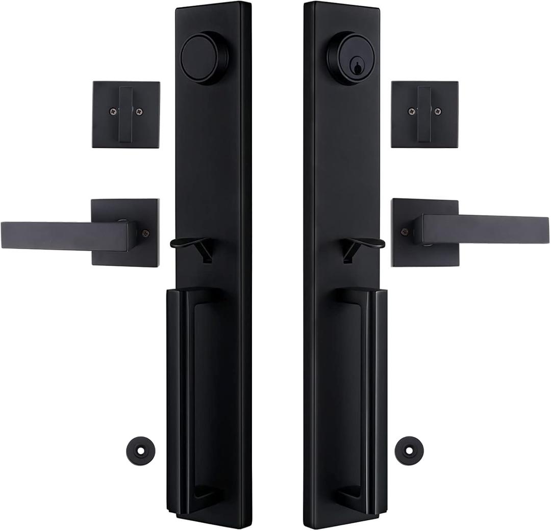Double Door Handle Set, Matte Black Double Door Handle Set, Iron Black Front Double Door Handleset, Reversible for Both Right and Left, Modern Entry Handlesets for Front Doors with Keys