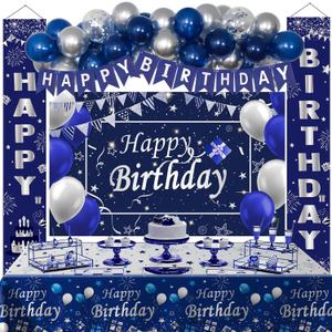 Blue Birthday Decorations, 37 PCS Blue and Silver Party Decorations for Men Boys Women Girls, Happy Birthday Backdrop Banner Tablecloth Party Supplies Confetti Balloons Arch