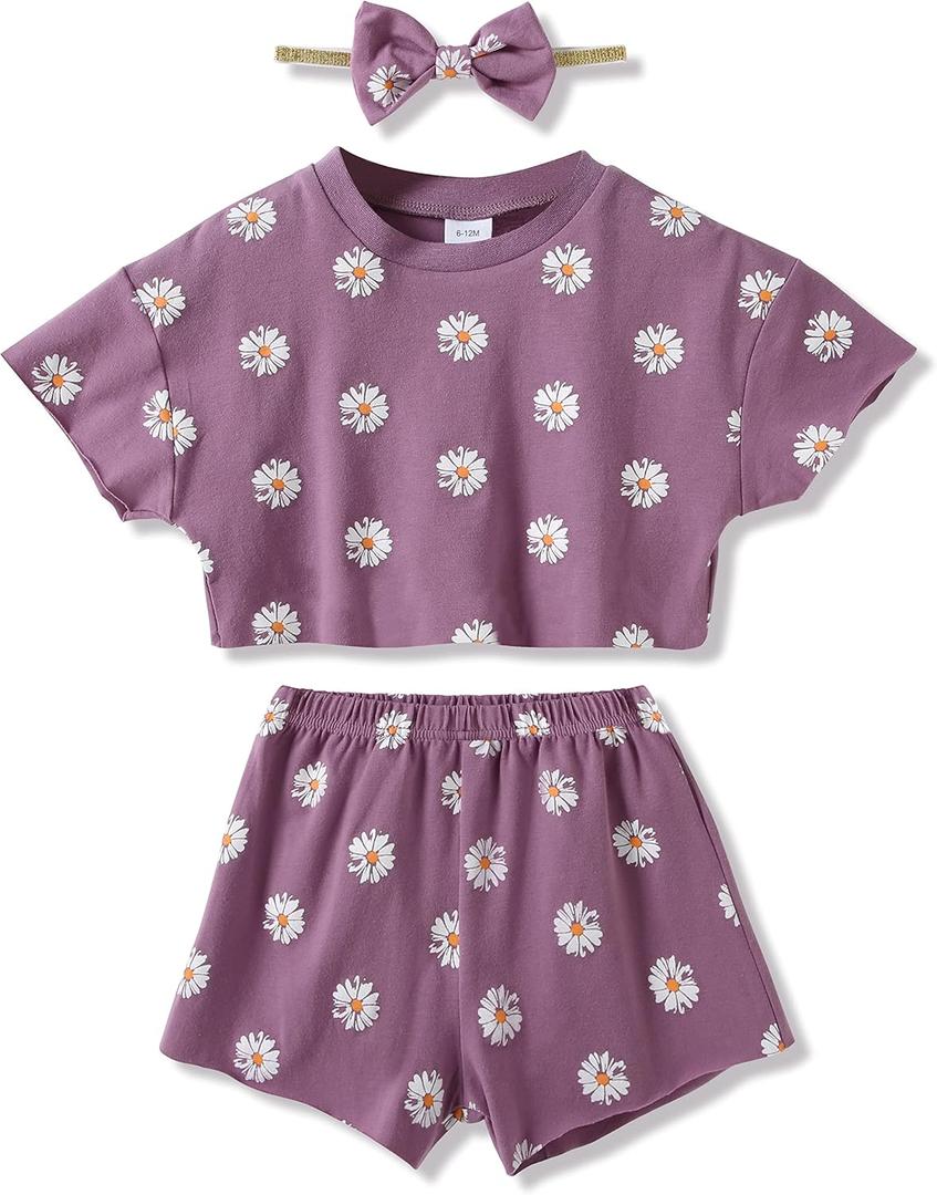 WESIDOM Toddler Girl Clothes Baby Girls Outfits 6M-5T Summer Floral Print Shirt+Shorts+Headband 3pcs Baby Clothing (18-24 Months, Air Purple)