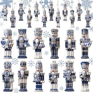 Barydat 36 Pcs Christmas Nutcracker Ornaments for Tree Blue and White Nutcracker Christmas Decoration Wooden Blue and White Hanging Ornaments for Xmas Tree Crafts