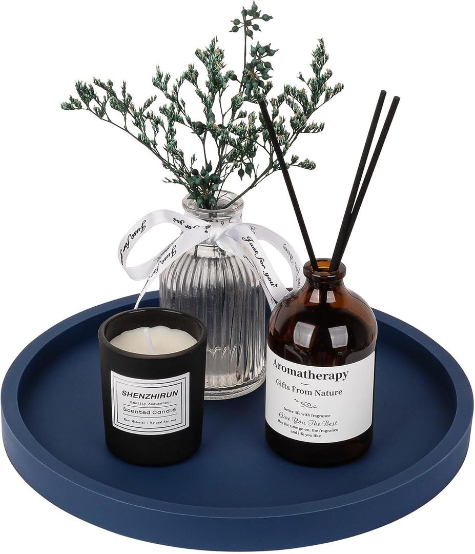 Silicone Bathroom Tray Round Vanity Tray Decorative Soap Holder Kitchen Countertop Organizer Coffee Table Decor for Candle, Perfume, Plant, 9 Inch, Dark Blue